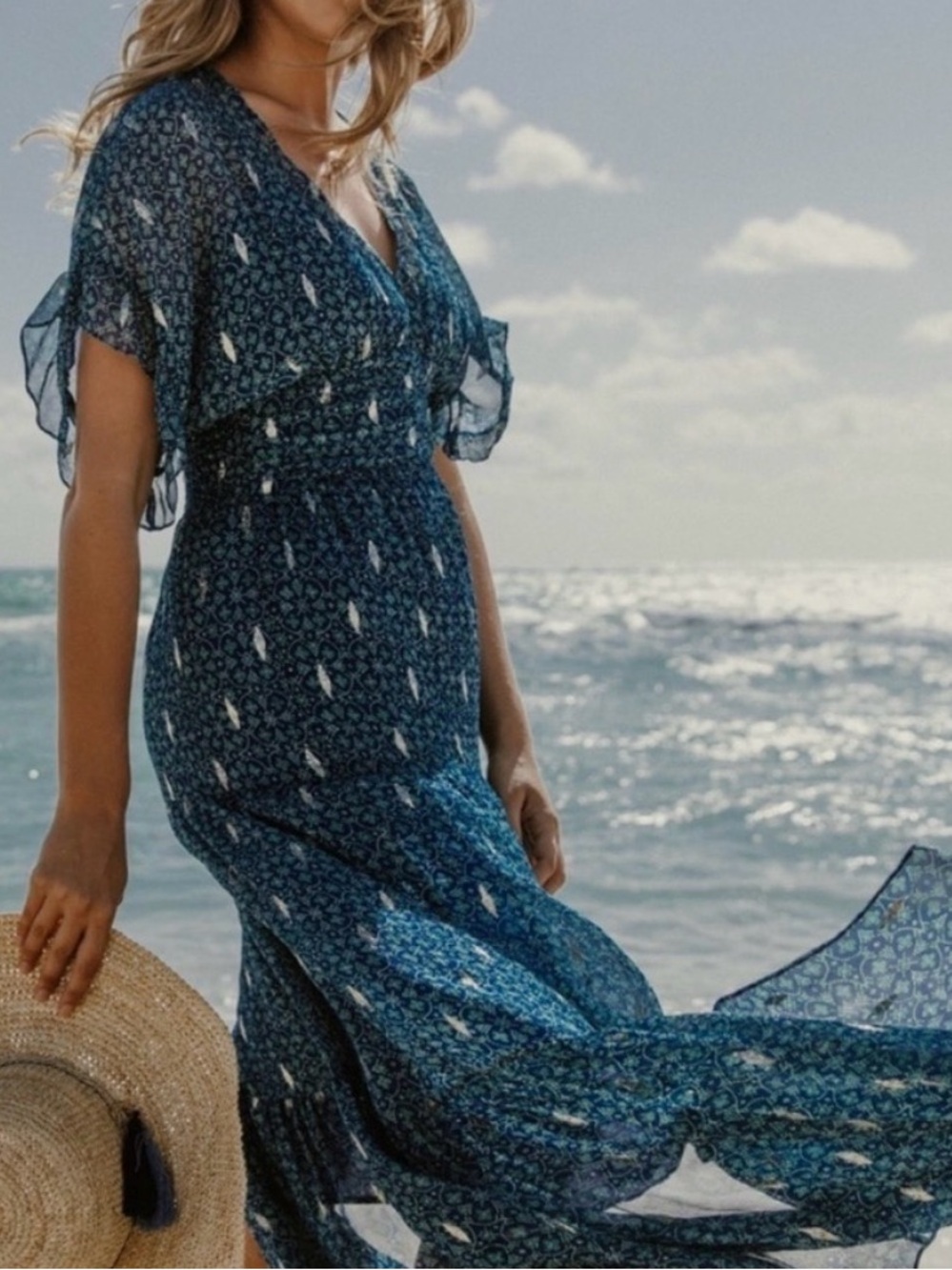 EUC BA&SH Mela Metallic-embroidered Silk-chiffon Maxi Dress In Blue size 1/Small